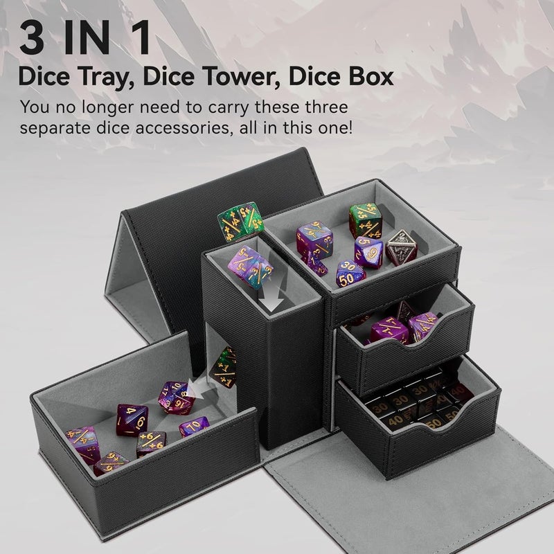 Stepane Dice Tray & Dice Tower Storage Box, 3 in 1 Dice Holder Case (Dice Rolling Tray, Dice Rolling Tower, Dice Storage Drawers), Leather Magnetic Closure DND Accessories Gifts for RPG MTG, Black/Grey - Image 2